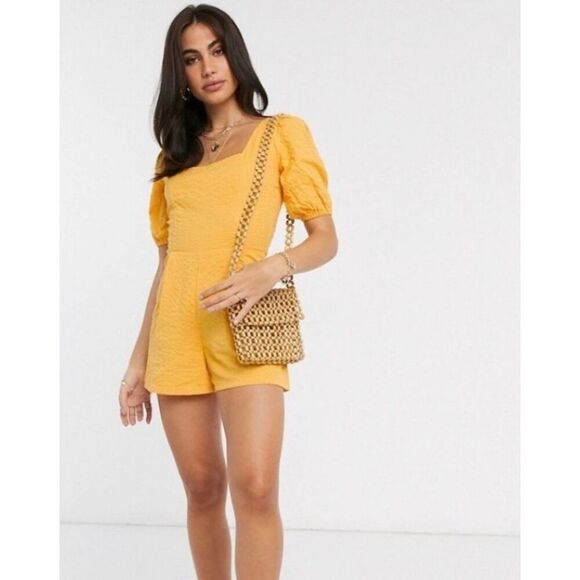 ASOS Yellow Seersucker Puff Sleeve Lace Up Back Romper - Picture 1 of 12